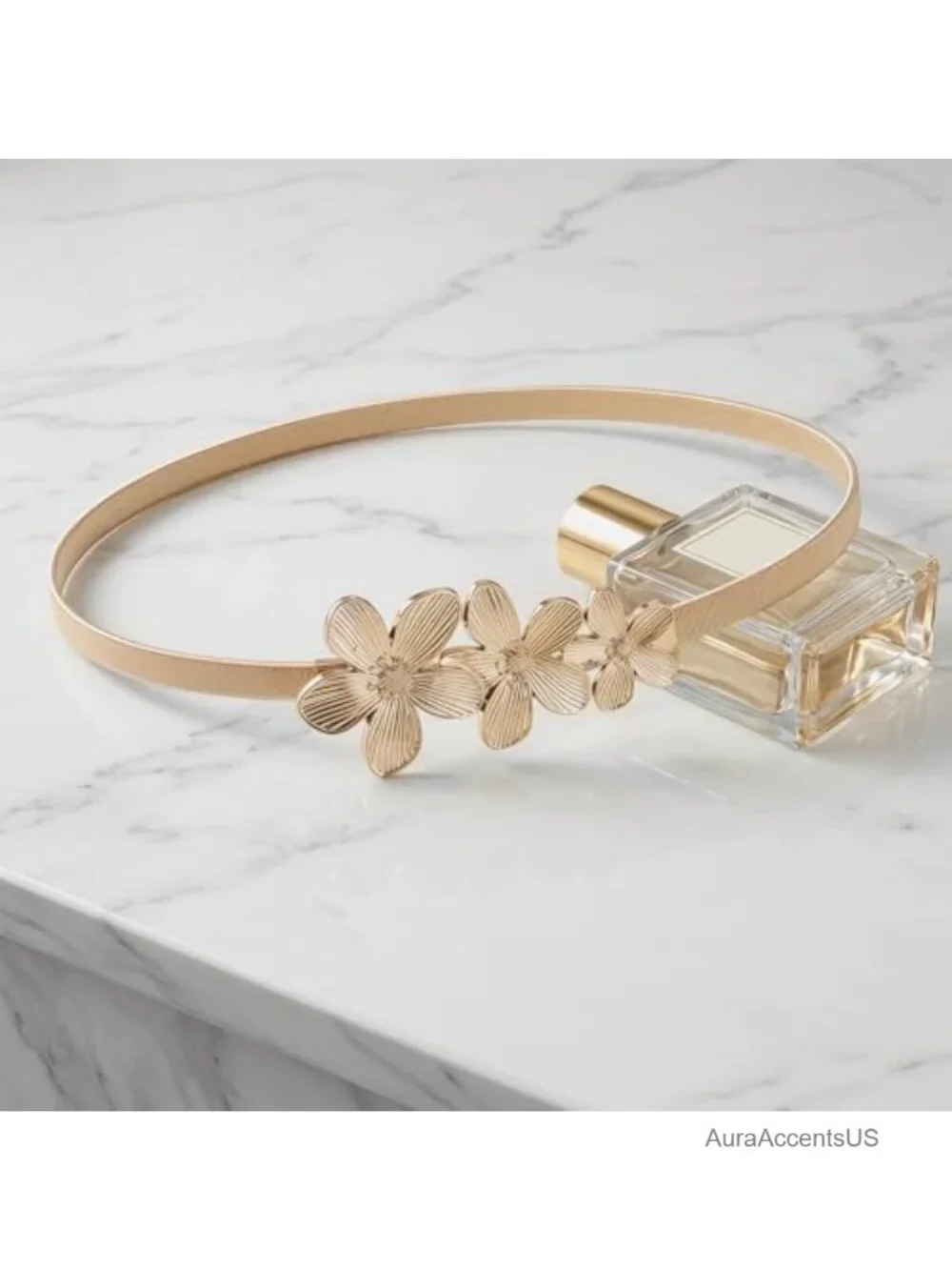 Metal Stretch Waist Belt, 3D Floral Decor Elastic Waist Chain Rose Gold Plated